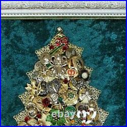 Framed Vintage Pearl & Rhinestone Jewelry Art On Velvet, Christmas Tree