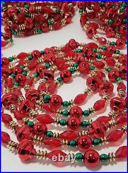German Mercury Glass Bead Garland Red Green Gold 9ft-4 Strands Vtg Bright Red