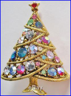 Glittering Vintage Hollycraft Christmas Tree Pin, Pretty Stones, Signed, Lovely