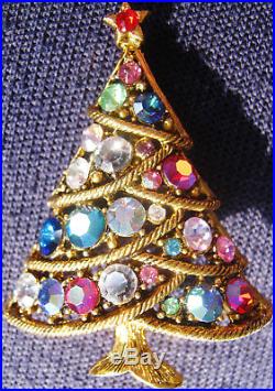 Glittering Vintage Hollycraft Christmas Tree Pin, Pretty Stones, Signed, Lovely