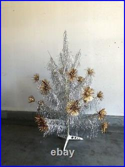 Gold & Silver Mid Century Vintage 1960s Aluminum Christmas Pom Pom Tree In Box