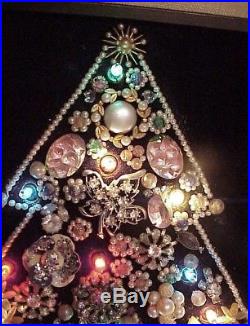 Gorgeous! Ooak! Vintage Framed Lighted Folk Art Jewelry Christmas Tree Wall Art