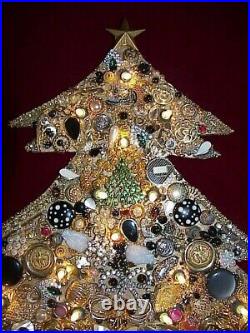 Gorgeous! Ooak! Vintage Framed Lights Jewelry Christmas Tree Folk Art Picture