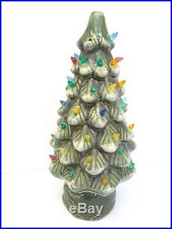 Green Ceramic Christmas Tree Decoration Light Up Vintage Used Bulbs Painted