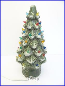 Green Ceramic Christmas Tree Decoration Light Up Vintage Used Bulbs Painted