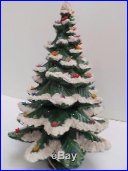 Green Ceramic Xmas 4 Tier Tree Snow Flocked Bird Lights 22.5 Atlantic Mold Vtg
