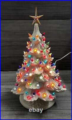 Hand Crafted Vintage Large Ceramic White Christmas Tree 20 X 13 musical base