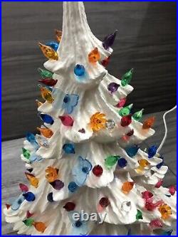 Hand Crafted Vintage Large Ceramic White Christmas Tree 20 X 13 musical base