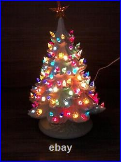 Hand Crafted Vintage Large Ceramic White Christmas Tree 20 X 13 musical base