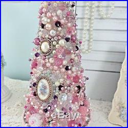 Hand Made Jeweled Christmas Tree Rhinestones Pink Beaded Vtg Jewelry Stick Pins