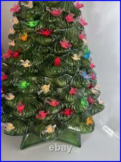 Handmade Vintage Large Ceramic Green Christmas Tree 20x12 musical base 1981 Read
