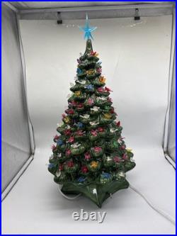 Handmade Vintage Large Ceramic Green Christmas Tree 20x12 musical base 1981 Read