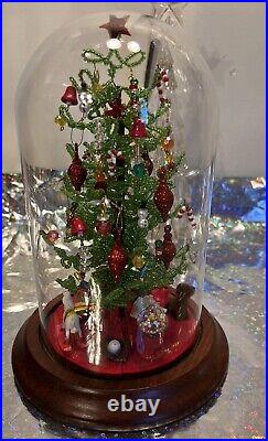 Holiday Decor Center Piece Beaded Christmas Tree Glass Dome Vintage Handmade