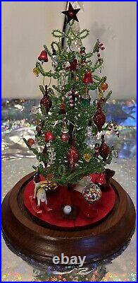 Holiday Decor Center Piece Beaded Christmas Tree Glass Dome Vintage Handmade