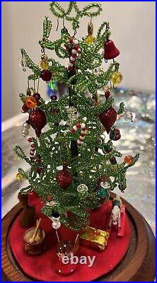 Holiday Decor Center Piece Beaded Christmas Tree Glass Dome Vintage Handmade