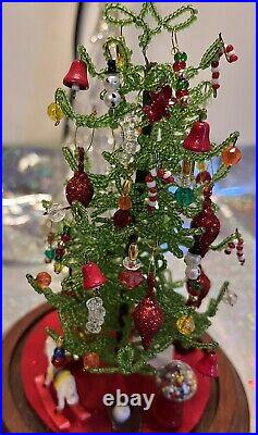 Holiday Decor Center Piece Beaded Christmas Tree Glass Dome Vintage Handmade