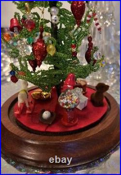 Holiday Decor Center Piece Beaded Christmas Tree Glass Dome Vintage Handmade