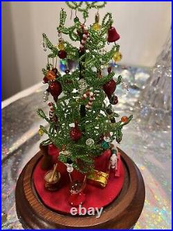 Holiday Decor Center Piece Beaded Christmas Tree Glass Dome Vintage Handmade