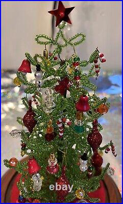 Holiday Decor Center Piece Beaded Christmas Tree Glass Dome Vintage Handmade