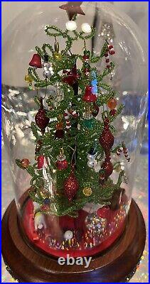 Holiday Decor Center Piece Beaded Christmas Tree Glass Dome Vintage Handmade