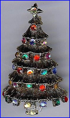 Hollycraft Beauty Vintage Multi Color Rhinestone Christmas Tree Pin