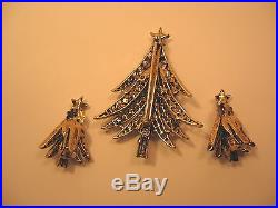 Hollycraft Christmas Tree Pin & Clip-on Rhinestone Earrings Vintage Signed 3 Pc