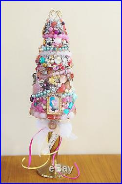 Jeweled Christmas Tree Pink Shabby Chic Vintage Jewelry Hand Made OOAK