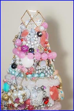 Jeweled Christmas Tree Pink Shabby Chic Vintage Jewelry Hand Made OOAK
