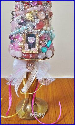 Jeweled Christmas Tree Pink Shabby Vintage Jewelry Lot Handmade OOAK Jewelry Art