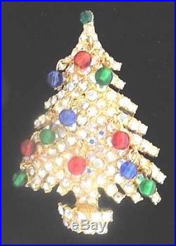 KRAMER Christmas TREE PinAB +Dangling BeadsBook PieceVintage Pave Xmas Brooch