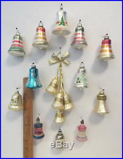 LOT OF 12 VTG 1930s 50s GLASS BELL CHRISTMAS TREE ORNAMENTS + 4 BONUS BELLS