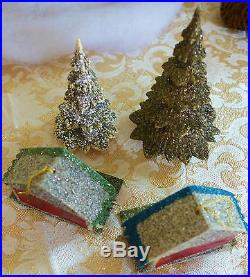 LOT Vtg Putz Germany Mica Plastic Trees Paper Mache House Xmas Ornaments Santa