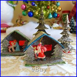 LOT Vtg Putz Germany Mica Plastic Trees Paper Mache House Xmas Ornaments Santa