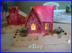 LOT of 8 Vintage CHRISTMAS Mica PUTZ HOUSES Sponge Tree/ 2 Trees/Paper Fences
