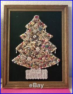 Large Framed Costume Jewelry Christmas Tree Vintage with Lights One of a Kind Art