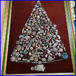 Large Framed VTG Christmas Tree Rhinestone Costume Jewelry Art MCM Lighted READ