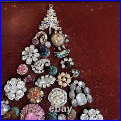 Large Framed VTG Christmas Tree Rhinestone Costume Jewelry Art MCM Lighted READ