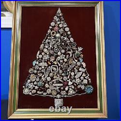 Large Framed VTG Christmas Tree Rhinestone Costume Jewelry Art MCM Lighted READ