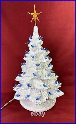 Large Vintage 15 Ceramic White Christmas Tree With Blue Birds