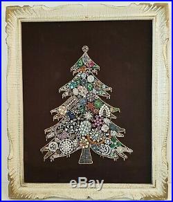 Large Vintage Costume Jewelry Framed Christmas Tree Brooches Artwork Folk Art