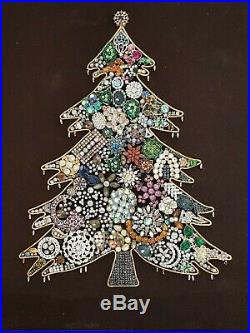 Large Vintage Costume Jewelry Framed Christmas Tree Brooches Artwork Folk Art
