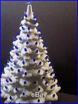 Large Vintage Snowy White Ceramic Christmas Tree with Blue Lights 20 Inches Tall