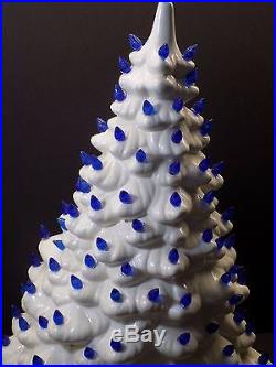 Large Vintage Snowy White Ceramic Christmas Tree with Blue Lights 20 Inches Tall