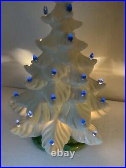 Large White Ceramic Christmas Tree 21 x 14 Blue Bulbs Star Lights. Vintage
