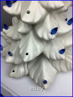 Large White Ceramic Christmas Tree 21 x 14 Blue Bulbs Star Lights. Vintage