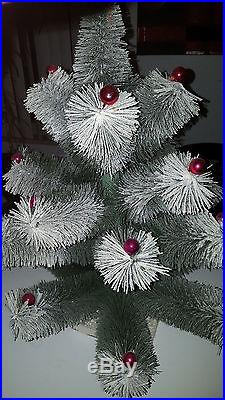 Lg Vintage 50s Flocked Bottle Brush Christmas Tree with Red/Pink Balls Chunky 23