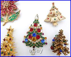 Lot 11 Vintage Christmas Tree Pins Warner Mylu JJ Rhinestone signed
