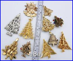 Lot 11 Vintage Christmas Tree Pins Warner Mylu JJ Rhinestone signed