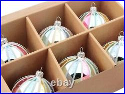 Lot (6) Czech blown glass vintage style rainbow striped Christmas tree ornaments