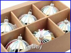 Lot (6) Czech blown glass vintage style rainbow striped Christmas tree ornaments